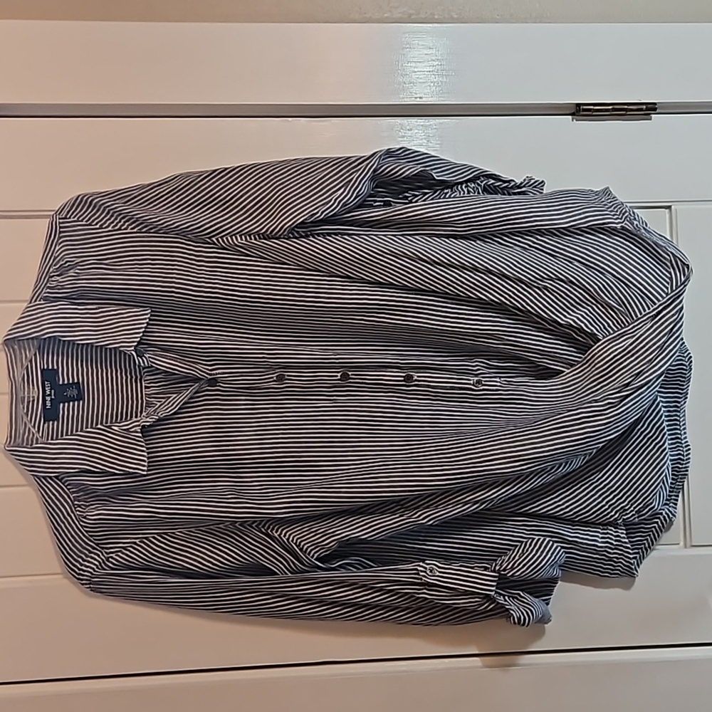 Nine West Navy pin striped button down